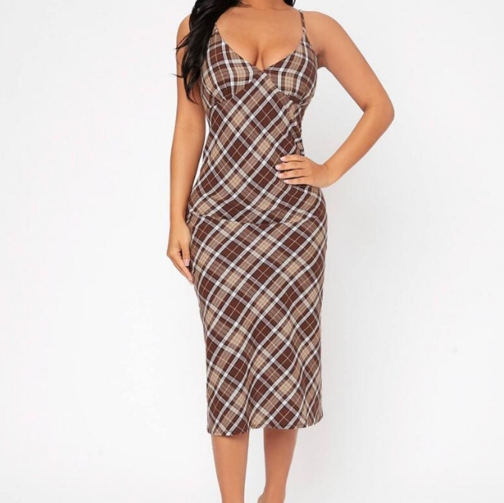 SHEIN: Retro Brown Plaid Spaghetti Strap Dress